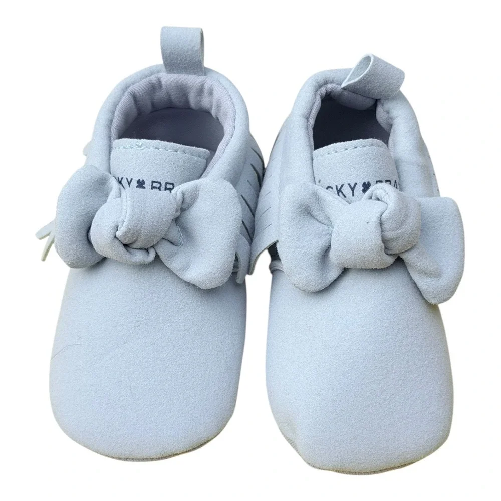 Boho Chic Lucky Brand Moccasin Booties Size 2 Light‎ Blue Faux Suede Fringe Bow